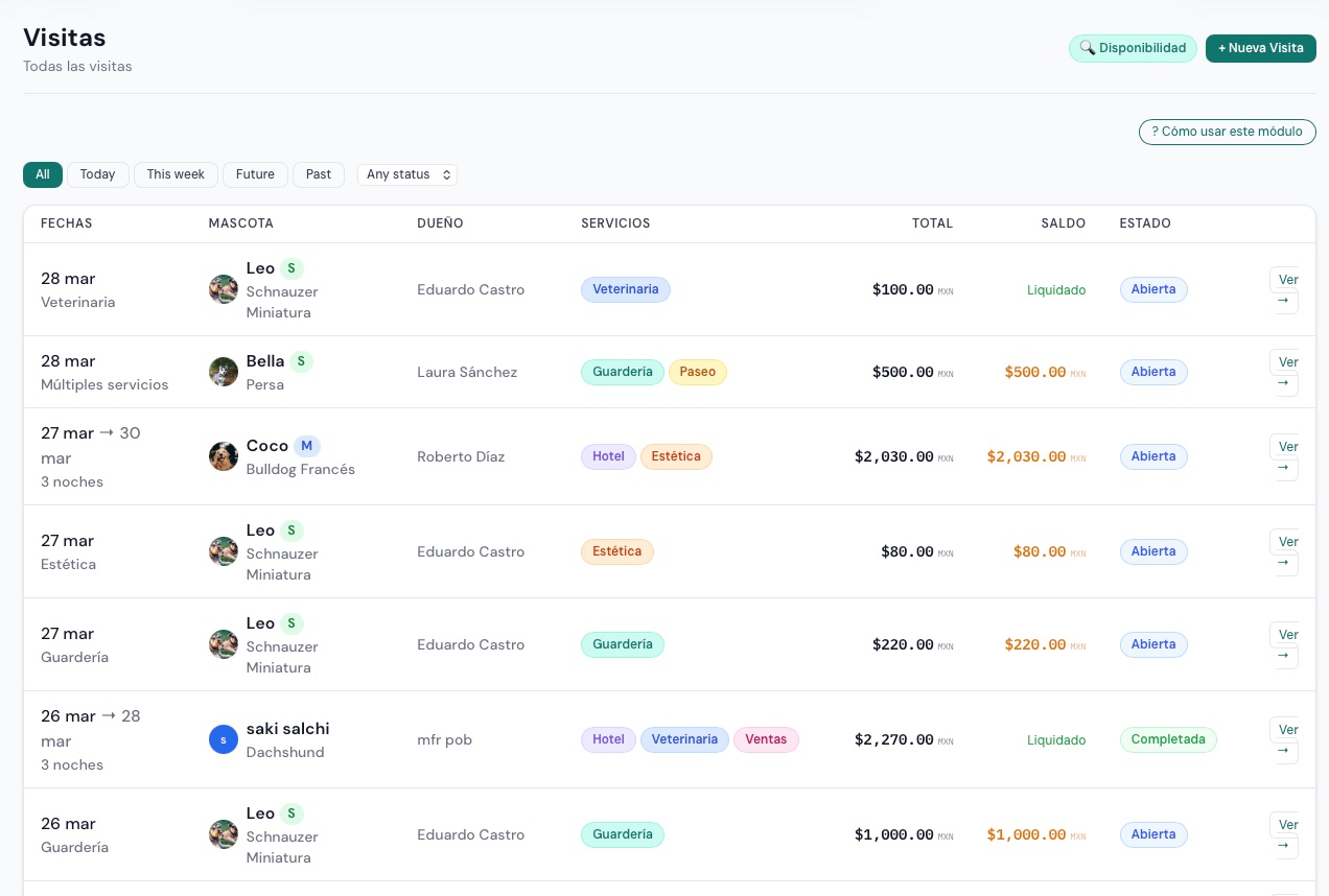 Pantalla de visitas en Covly — servicios activos, saldo y estado de cada mascota